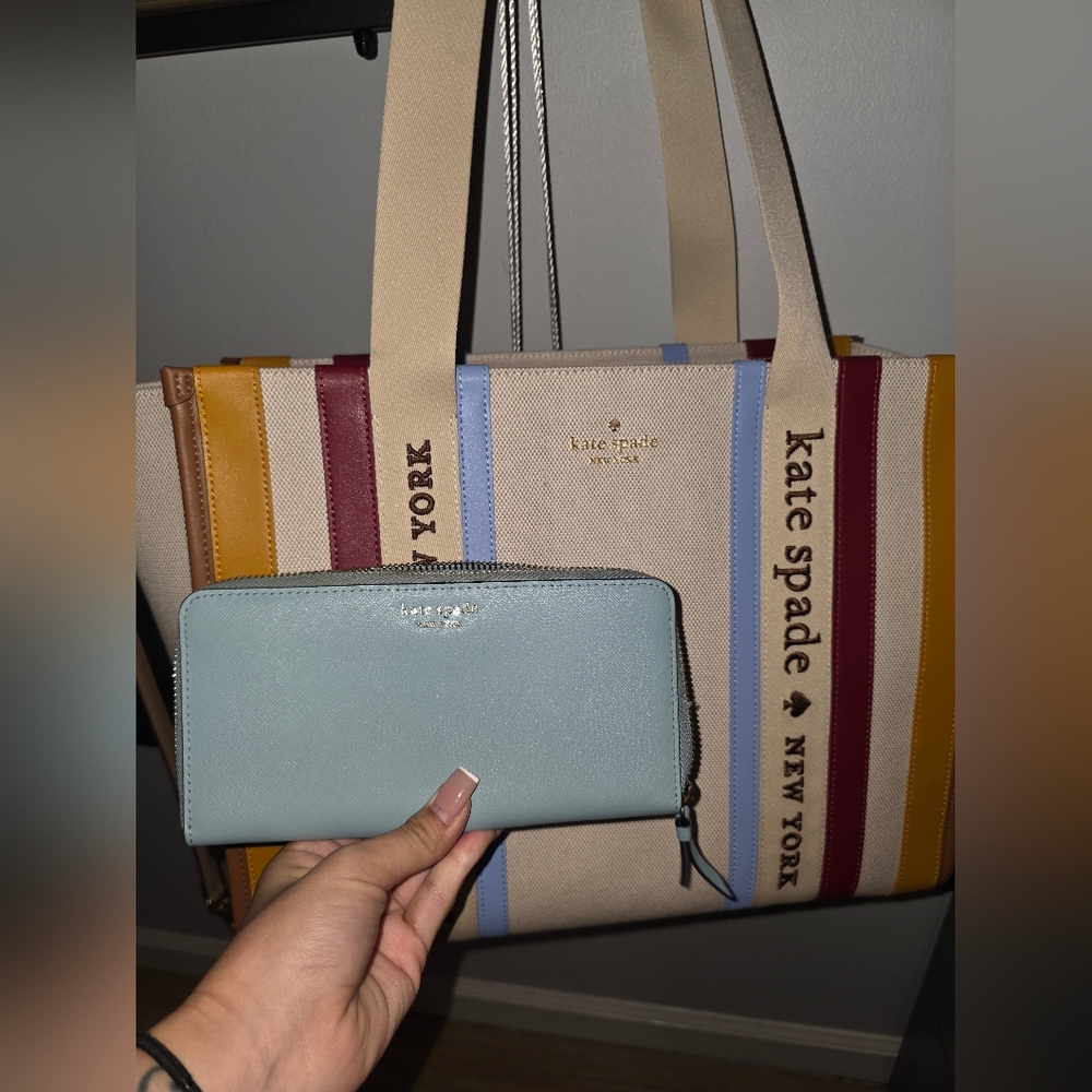 Kate Spade Multicolor Large Striped Tote with Blue Wallet